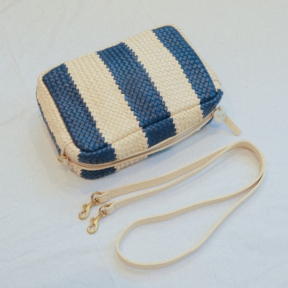 Clare V. Marisol Woven Leather Crossbody Bag – Indigo & Cream Racing Stripes - Picture 1 of 8